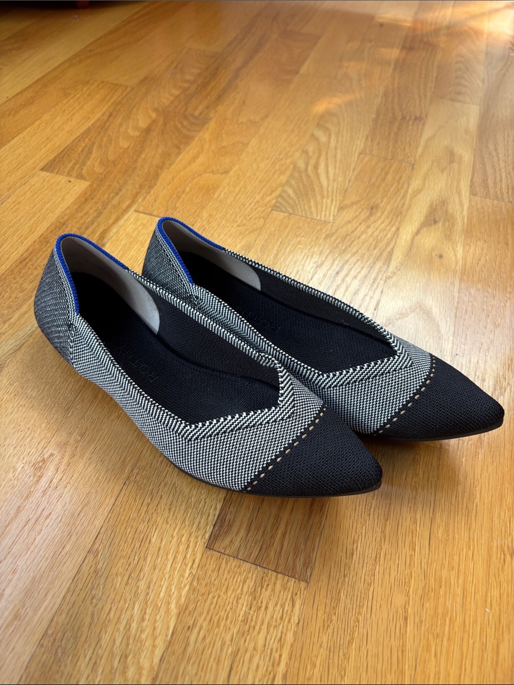 Rothy's Black and Gray Pointed Knit Flats with Blue Trim